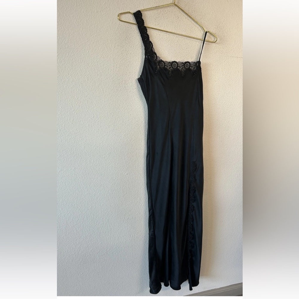 Vintage Y2K Black Silk Slip Dress Lace One Shoulder Maxi Goth S/M - Picture 9 of 13